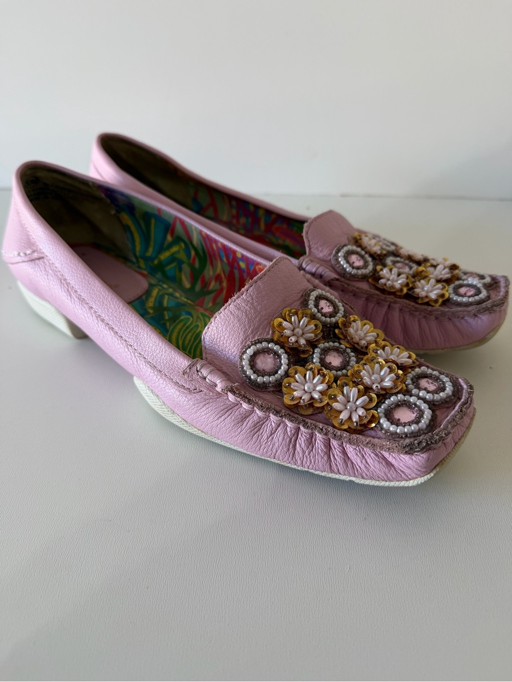 Madeline Pink Floral Beaded Leather Loafers